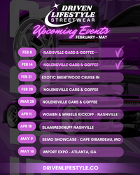 Driven Lifestyle Streetwear event calendar with car-themed design on a purple background