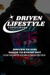 Person wearing a hoodie with 'Driven Lifestyle Streetwear' branding and a car graphic.