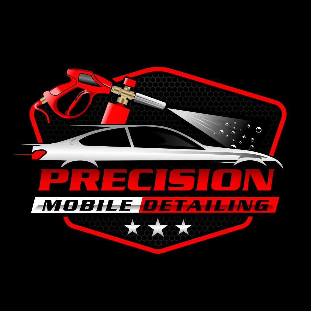 Logo for Precision Mobile Detailing with a car and detailing tools on a black background