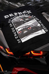 black tee on a black mustang
