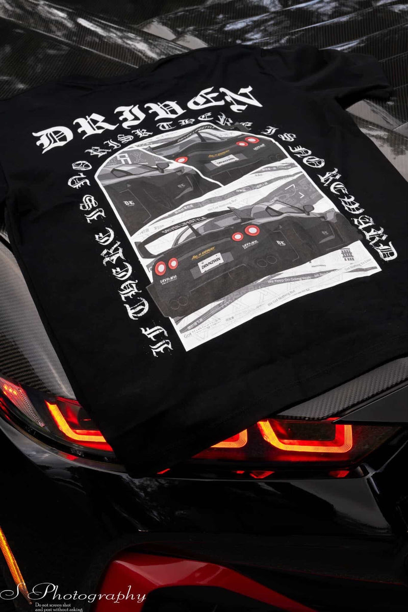 black tee on a black mustang