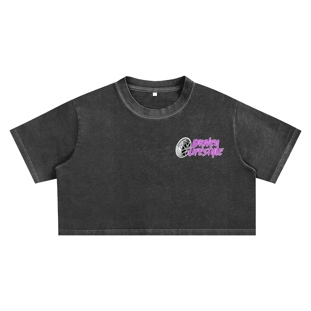 Black crop top with a logo and text on a white background