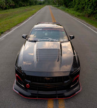 A black Ford Mustang performance car with a hood scoop and custom front lip, photographed from a high-angle rear view on a rural road with green trees on both sides.