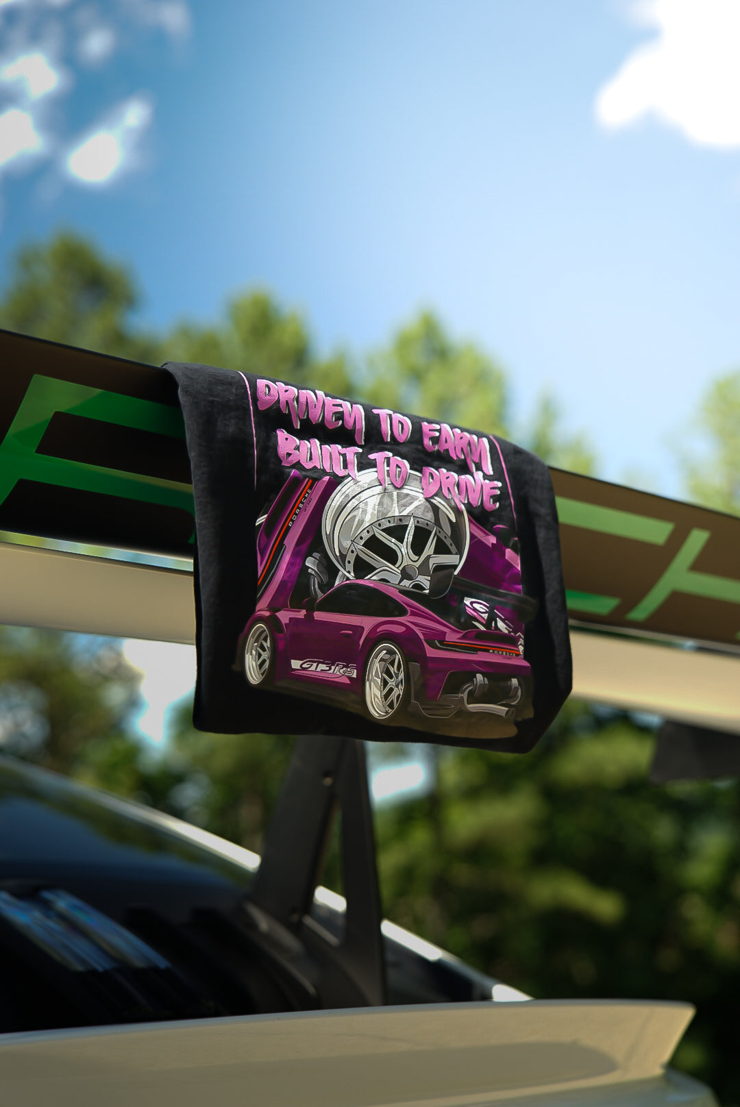 Car roof rack with a purple car graphic and text on a clear day.