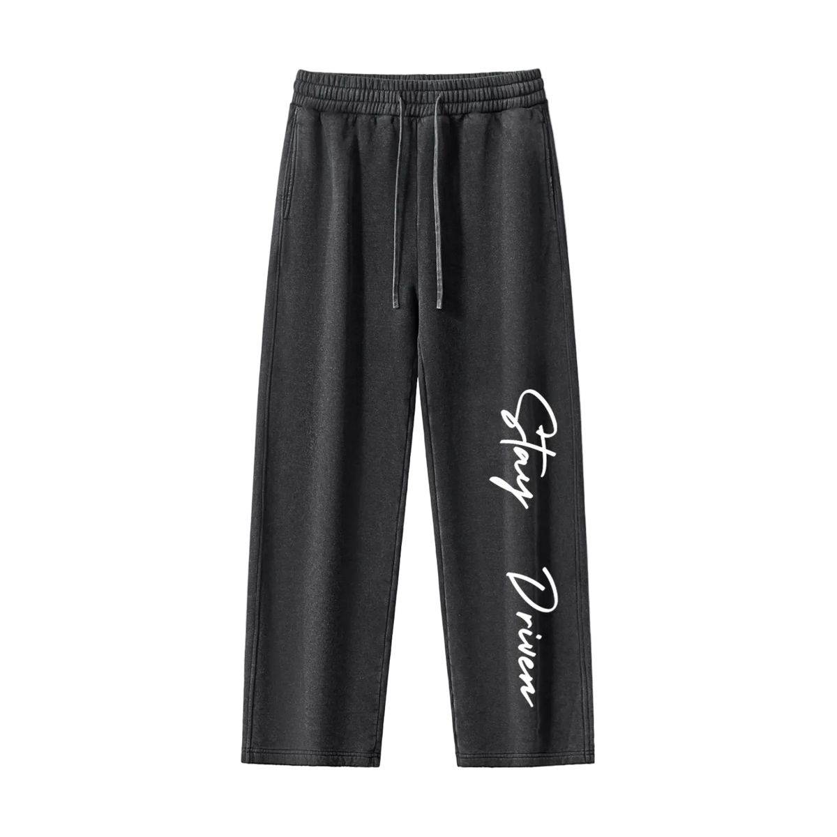 Black sweatpants with 'Stay Driven' text on a white background