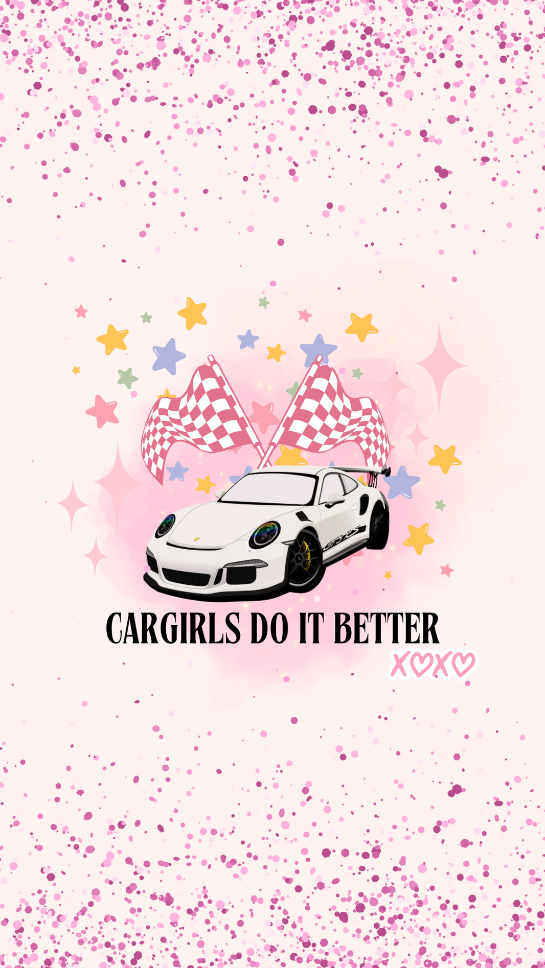 light pink wallpaper with a white car and black text saying 'cargirls do it better'