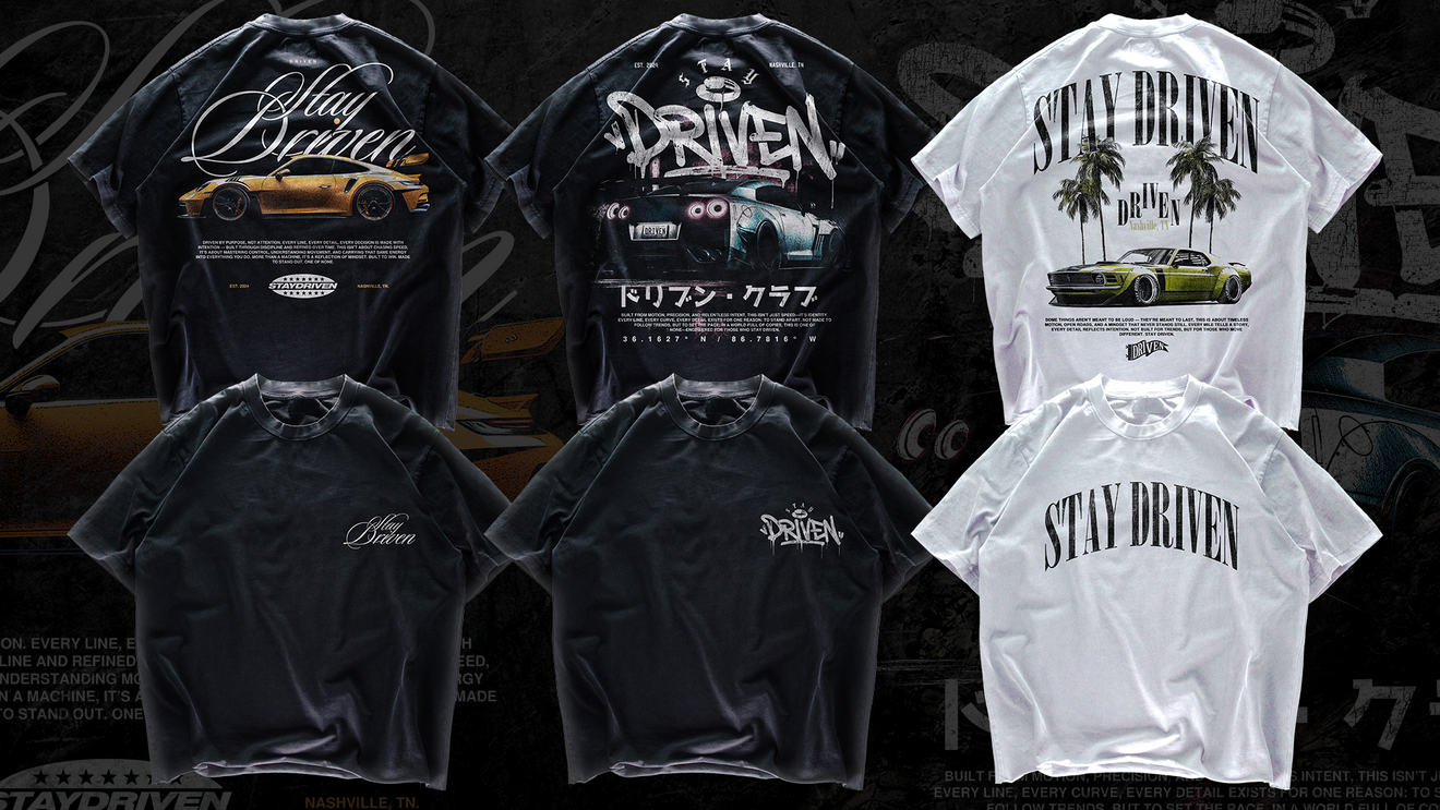 Collection of 'Stay Driven' t-shirts with various designs on a dark background.