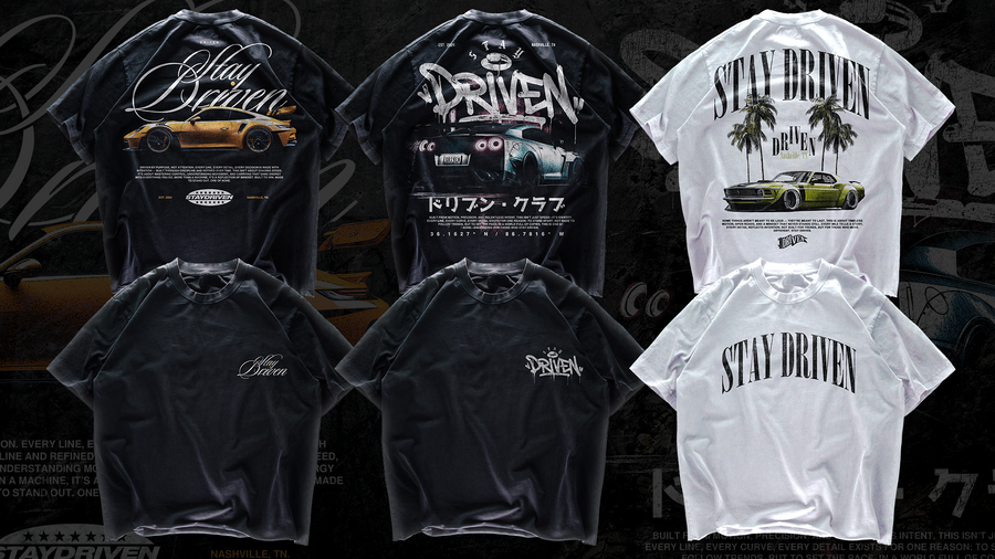 Collection of 'Stay Driven' t-shirts with various designs on a dark background.