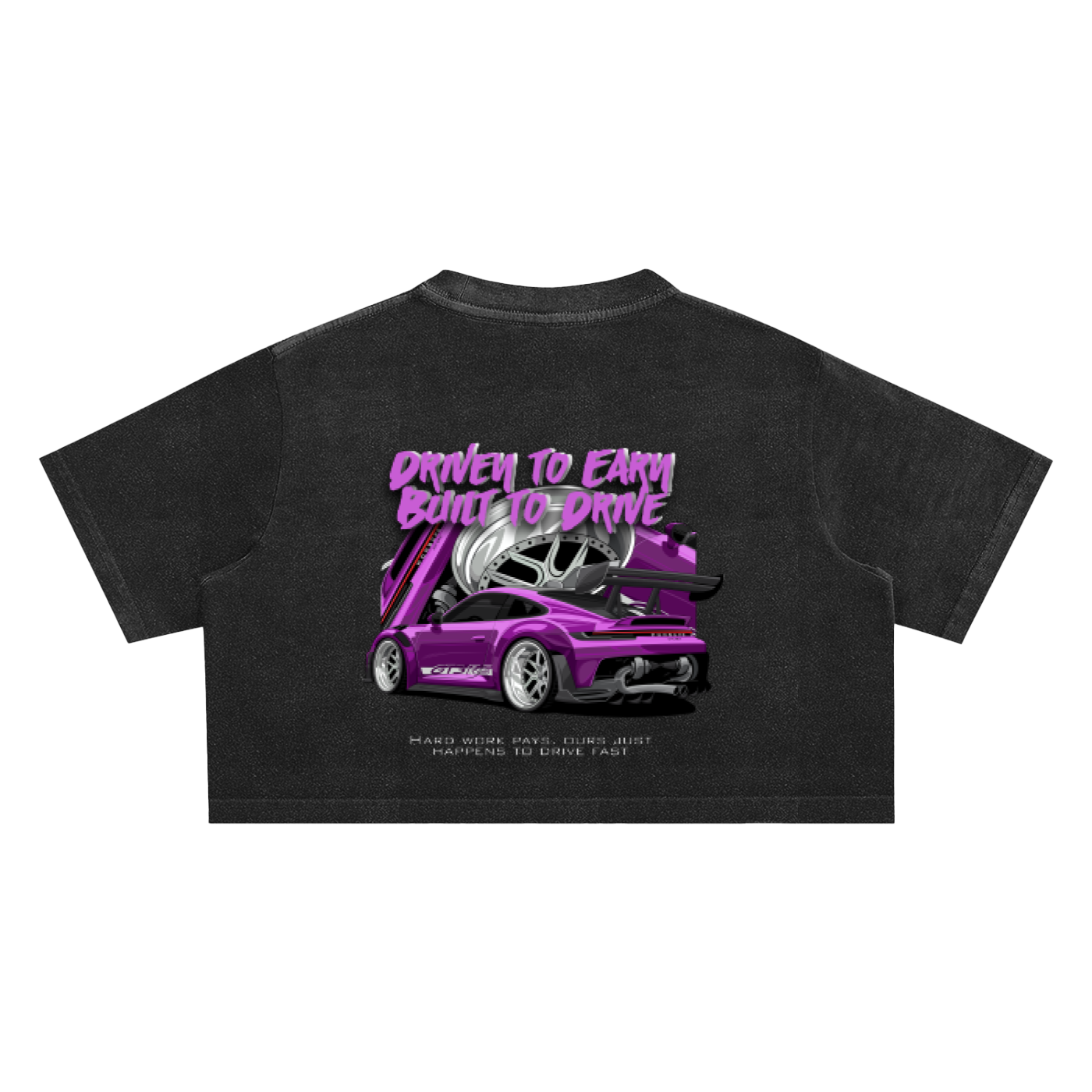Black t-shirt with a purple car graphic and text on a white background