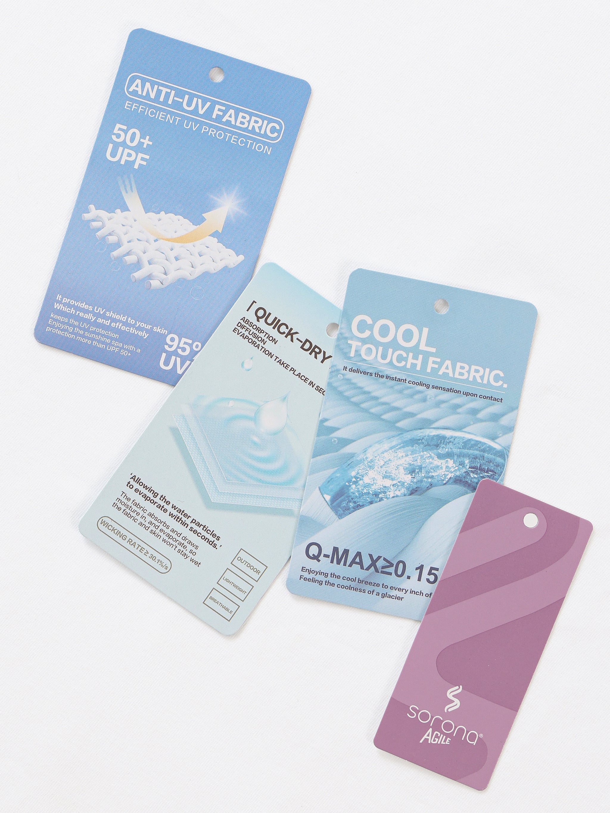 Set of fabric property cards with text and graphics on a white background