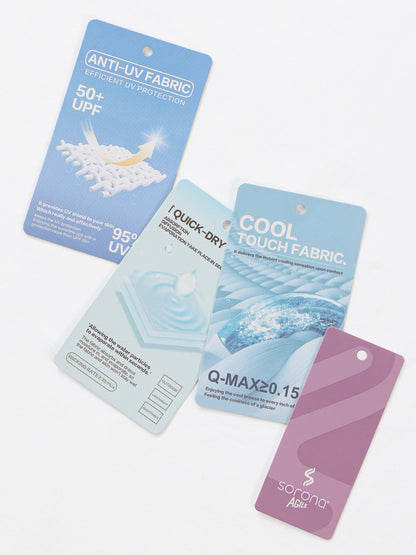 Set of fabric property cards with text and graphics on a white background