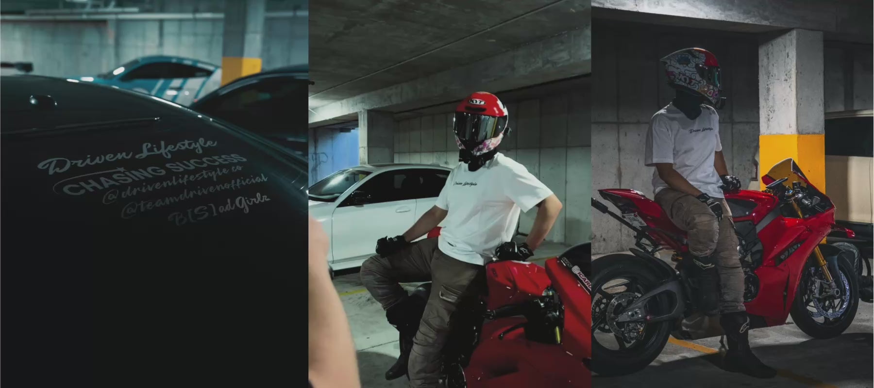 Load video: cover image displaying a close up of a rear window with branded decals, video of a biker wearing a Driven Lifestyle branded Teel, and a biker posing on a red ducati 